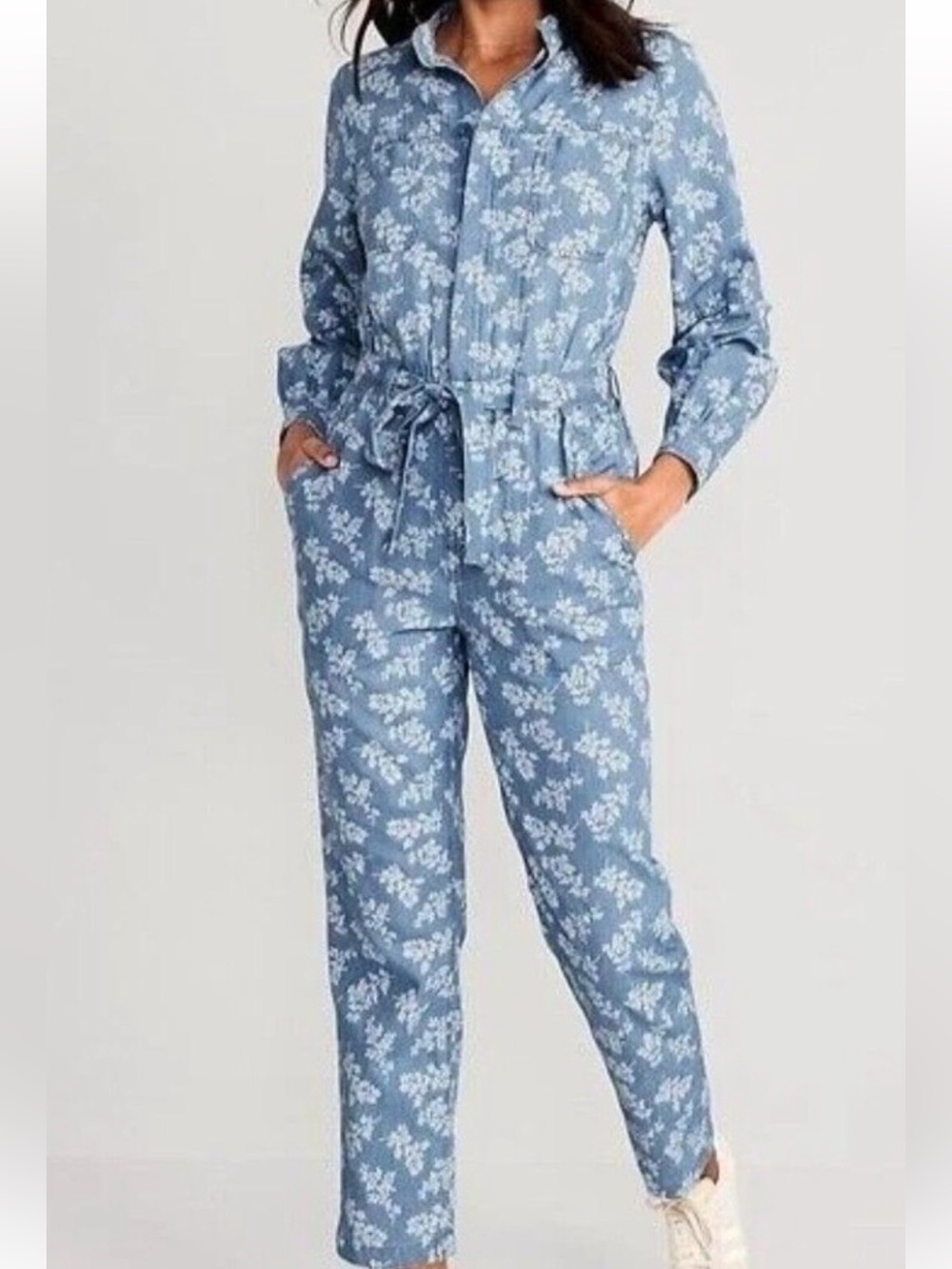 Old Navy Waist-Defined Floral Utility Non-Stretch Jean Jumpsuit